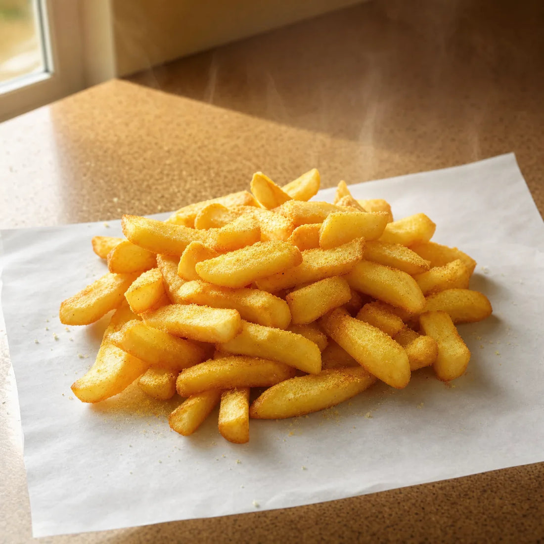 Hot chips on butcher's paper scattered with chicken salt