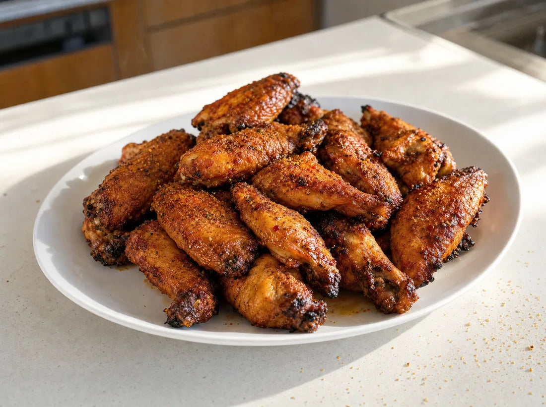 Roasted chilli chicken wings on a white plate