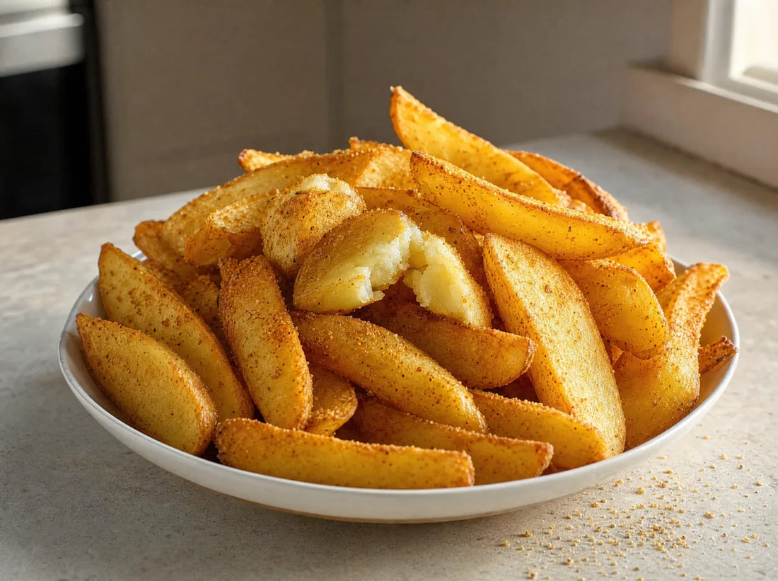 Golden potato wedges in a shallow bowl
