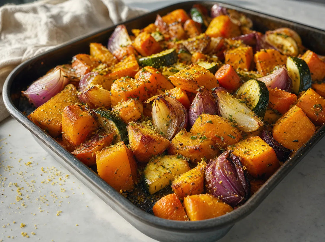 A roasting tray of caramelised mixed vegetables