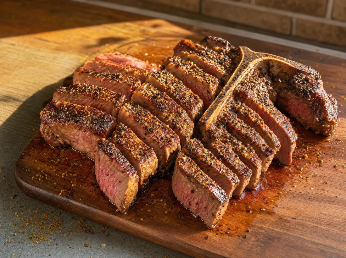 Sliced porterhouse steak on a wooden board