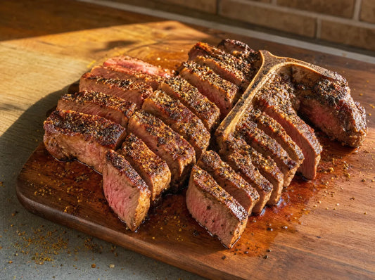 Sliced porterhouse steak on a wooden board