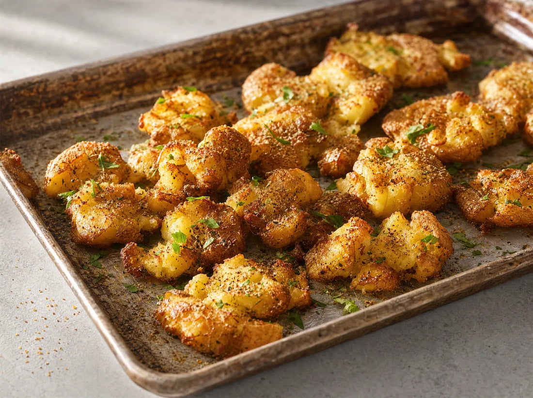 Crushed herb salted roast potatoes on a roasting tray