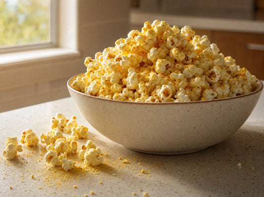 A bowl of popcorn dusted with golden seasoning