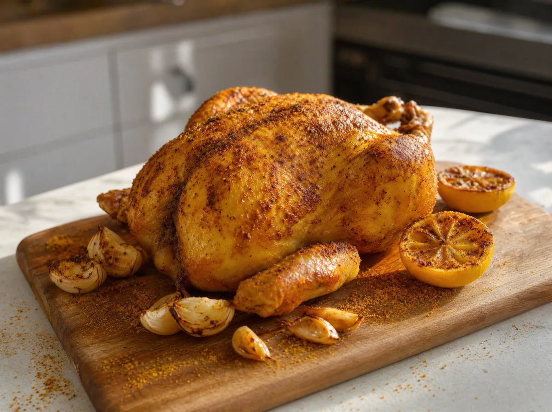 A whole roast chicken on a wooden board with roast garlic and lemon