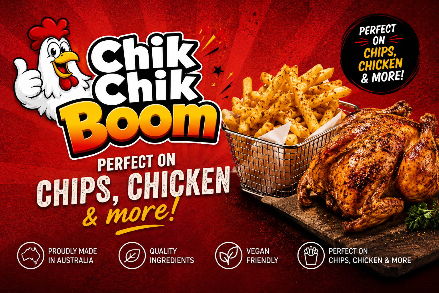 Advertisement for Chik Chik Boom with fried chicken and chips on a red background