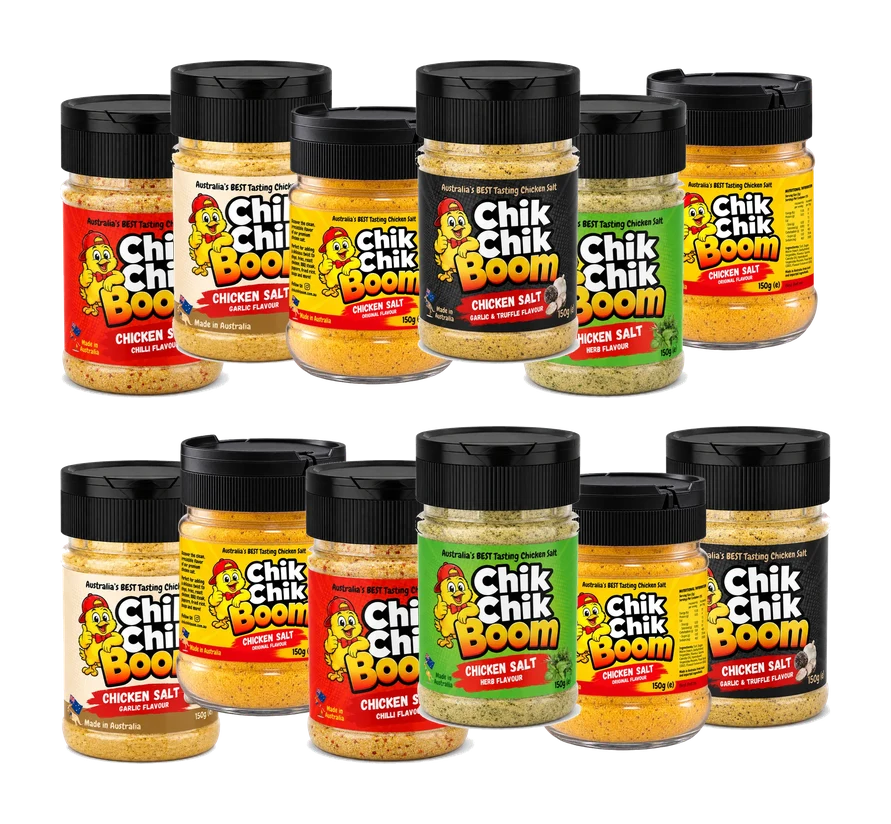 The Full Flock, twelve 150g Chik Chik Boom shakers on two shelves
