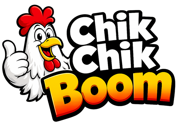 Logo of 'Chik Chik Boom' with a cartoon chicken giving a thumbs up on a white background.